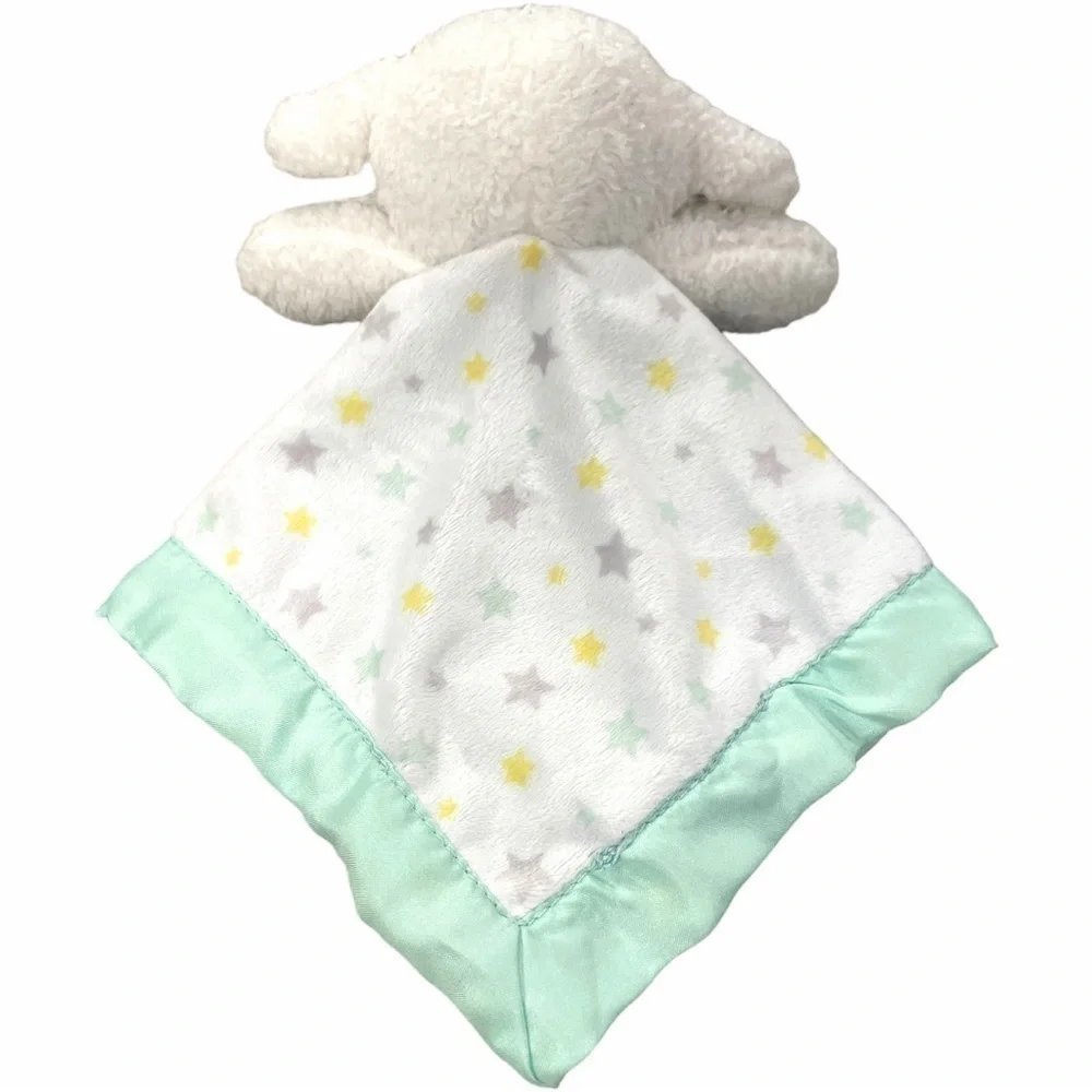 CARTERS Lamb Lovey Security Blanket Rattle Toy Satin Stars Mint Green Yellow 12”
